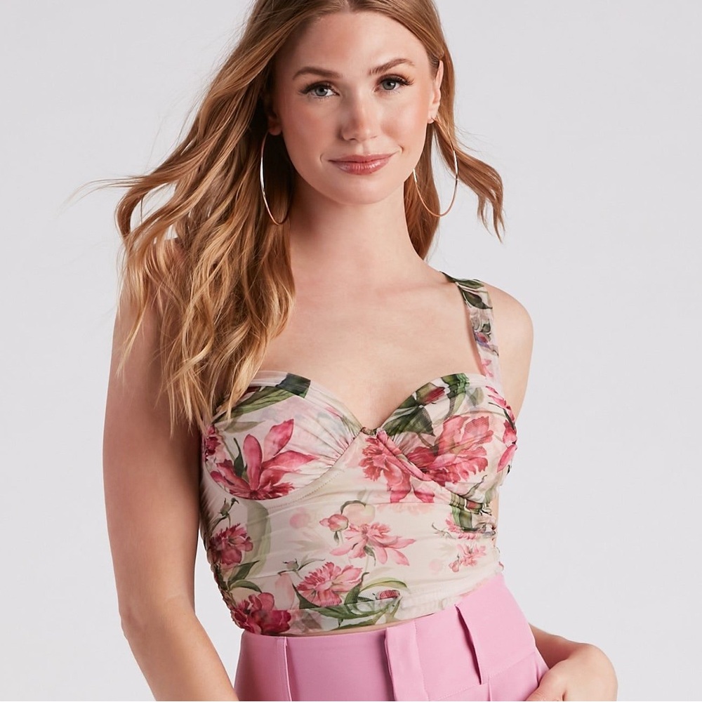 NWT Windsor Spring Beauty Floral Mesh Bustier fitted crop top floral print Small